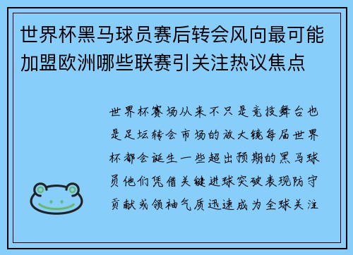 世界杯黑马球员赛后转会风向最可能加盟欧洲哪些联赛引关注热议焦点